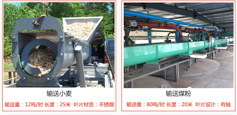 絞龍螺旋輸送機輸送小麥輸送量在12噸/時，長度為25米，葉片采用不銹鋼材質；輸送水泥輸送量在80噸/時，長度為20米，葉片設計為有軸。