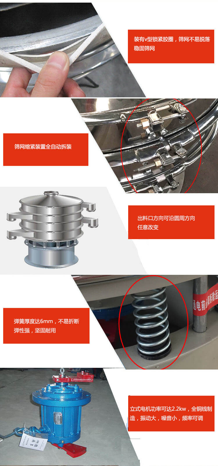 裝有V型鎖緊膠圈，使篩網(wǎng)不易脫落穩(wěn)固篩網(wǎng)，篩網(wǎng)鎖緊裝置，全自動(dòng)拆裝，出料口方向可沿圓周方向任意改變。彈簧厚度達(dá)6mm，不易折斷，彈性強(qiáng)，堅(jiān)固耐用。專業(yè)的振動(dòng)電機(jī)，全銅線制造，振動(dòng)大，機(jī)械噪音小，頻率可調(diào)。產(chǎn)品對(duì)比:材質(zhì)：大漢振動(dòng)篩廠家采用304不銹鋼材質(zhì)耐腐蝕性，耐熱性強(qiáng)。個(gè)別廠家采用其它金屬材質(zhì)，耐腐蝕性，耐熱性差蒸發(fā)緩慢，烘干效率較低。大漢振動(dòng)篩廠家采用金屬編織網(wǎng)，篩分精度高，效率高，篩網(wǎng)利用率高。