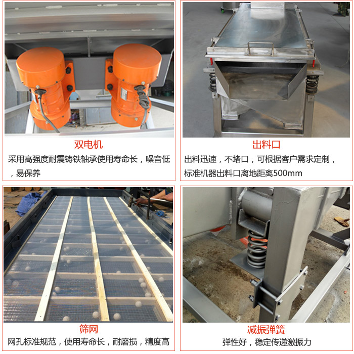 線振動(dòng)篩配件優(yōu)勢(shì)：雙電機(jī)采用高強(qiáng)度耐震鑄鐵軸承使用壽命長(zhǎng)，噪音低，易保養(yǎng)，出料口：出料迅速，不堵口，可根據(jù)客戶需求定制標(biāo)準(zhǔn)機(jī)器出料口離地距離500mm。篩網(wǎng)：網(wǎng)孔標(biāo)準(zhǔn)規(guī)范，使用壽命長(zhǎng)，耐磨損，精度高。減震彈簧彈性好，穩(wěn)定傳遞激振力。