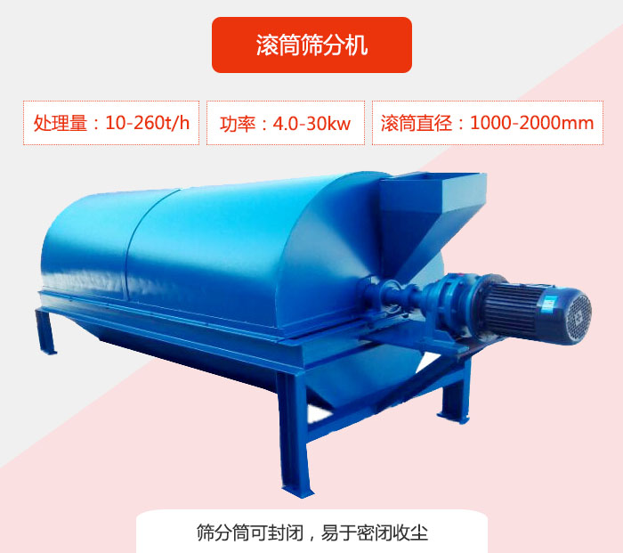 滾筒篩分機：處理能力：10-260t/h  功率：4.0-30kw 滾筒直徑：1000-2000mm 篩分筒可封閉，易于密閉收塵