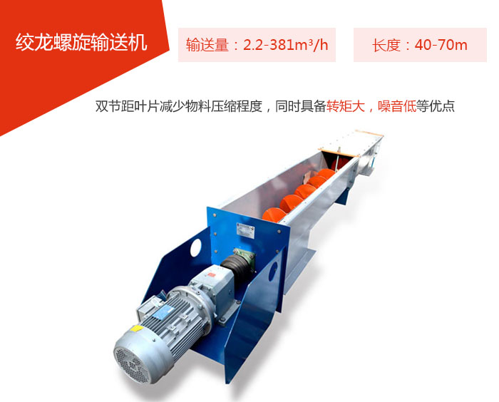 絞龍螺旋輸送機輸送量：2.2-381m3/h 長度：40-70m 雙節(jié)距葉片減少物料壓縮程度，同時具備轉矩大，噪音低等優(yōu)點。