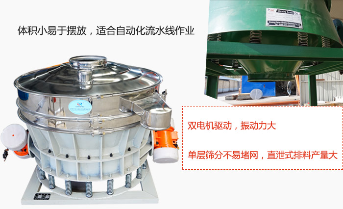 雙電機(jī)驅(qū)動，振動力大，單層篩分不易堵網(wǎng)，直泄式排料產(chǎn)量大
