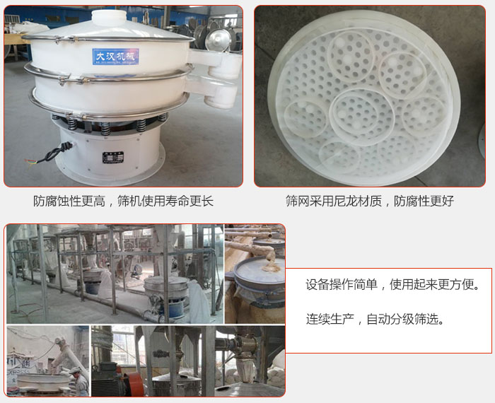 直徑1000型塑料振動篩特點：1，防腐蝕性更高，篩機使用壽命更長.2，篩網(wǎng)采用尼龍材質(zhì)，防腐性更好，3，設(shè)備操作簡單，使用起來更方便。4，連續(xù)生產(chǎn)，自動分級篩選。