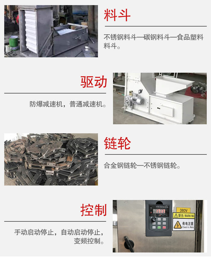 z型斗式提升機(jī)料斗：不銹鋼料斗-碳鋼料斗-食品塑料料斗。驅(qū)動(dòng)裝置采用的式防爆減速機(jī)，普通減速機(jī)兩種。鏈輪采用合金鏈輪-不銹鋼鏈輪控制器：手動(dòng)啟動(dòng)/停止，以及自動(dòng)啟動(dòng)停止。