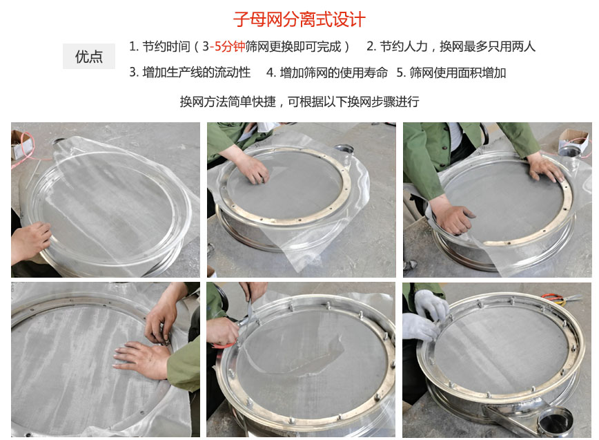 大漢振動(dòng)機(jī)械換網(wǎng)優(yōu)勢：1，節(jié)省時(shí)間（3-5分鐘篩網(wǎng)更換即可完成）2，節(jié)省人力，換網(wǎng)只有兩人。3.增加生產(chǎn)線的流暢性。4.增加篩網(wǎng)壽命，彈跳球不直接撞擊子網(wǎng)。5.篩網(wǎng)使用面積增加。