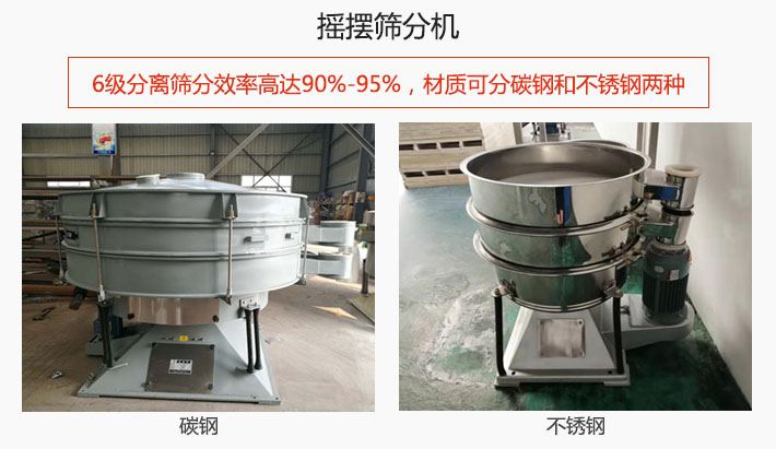 搖擺篩分機(jī)6級分離篩分效率高達(dá)90%-95%，材質(zhì)可分碳鋼和不銹鋼兩種。