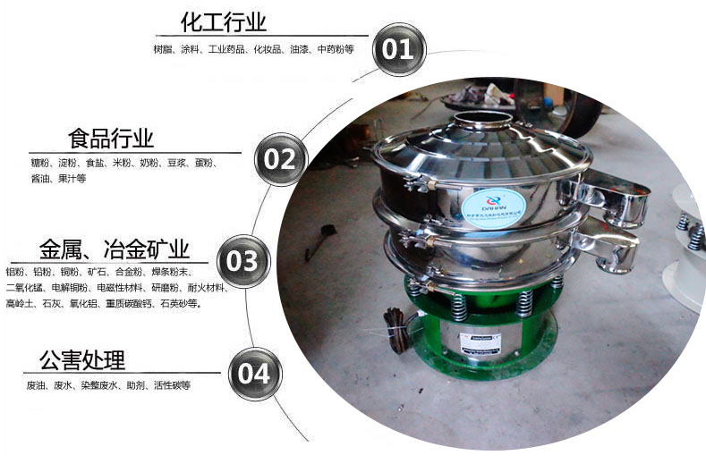 面粉振動篩粉機(jī)適用于化工，食品，金屬、冶金，公害處理等行業(yè)