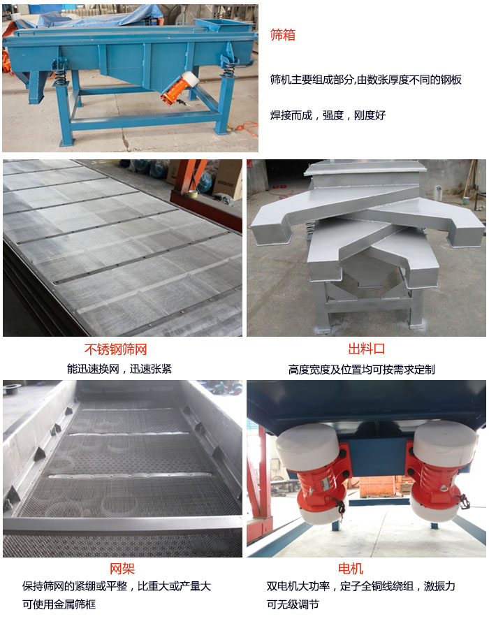 520型直線振動篩結(jié)構(gòu)：篩箱：篩機(jī)主要組成部分，由數(shù)張厚度不同的鋼板焊制而成，強(qiáng)度，剛度好。不銹鋼篩網(wǎng)：能迅速換網(wǎng)，迅速張緊。電機(jī)：雙電機(jī)大功率，定子全銅線繞組，激振力可無極調(diào)節(jié)。網(wǎng)架：保持篩網(wǎng)的緊繃和平整，比重大或產(chǎn)量大時可使用金屬篩框。出料口：高度寬度及位置均可按照用戶的要求來定制。
