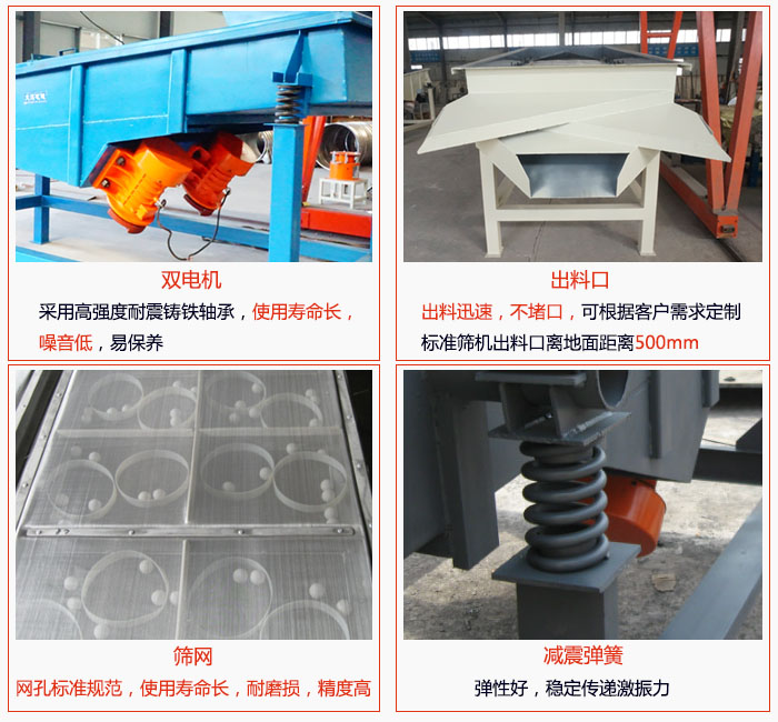 1030直線振動(dòng)篩雙電機(jī)采用高強(qiáng)度耐震鑄鐵軸承使用壽命長(zhǎng)、噪音低，易保養(yǎng)；出料口排料迅速，不堵口，可根據(jù)客戶需求定制，標(biāo)準(zhǔn)機(jī)器出料口離地面距離500mm;篩網(wǎng)網(wǎng)孔標(biāo)準(zhǔn)規(guī)范、使用壽命長(zhǎng)，耐磨損、精度高；減震彈簧：彈性好，穩(wěn)定傳遞激振力。