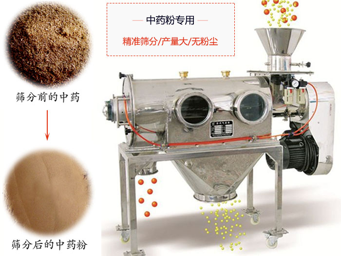 WQS50-130臥式氣流篩：中藥粉專(zhuān)用篩：精度篩分/產(chǎn)量大/無(wú)粉塵符合標(biāo)準(zhǔn)。