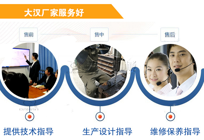 大漢廠家服務(wù)流程：售前-售中-售后：提供技術(shù)指導(dǎo)，生產(chǎn)設(shè)計(jì)指導(dǎo)，維修保養(yǎng)指導(dǎo)。