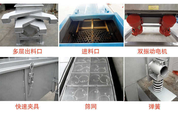 多層直線振動篩出料口，篩網(wǎng)，彈簧，快速夾具，振動電機(jī)等
