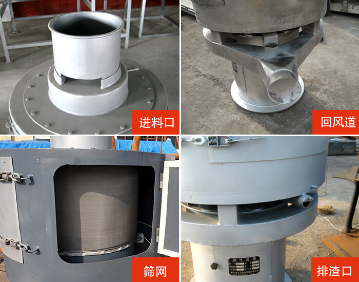 氣流篩分機進料口，回風道，篩網，排渣口。