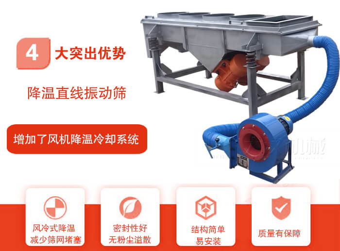 降溫直線振動(dòng)篩性能特點(diǎn)：1，技術(shù)成熟，質(zhì)量可靠，篩分精度高，處理量大。2，風(fēng)冷式降溫系統(tǒng)設(shè)計(jì)，快速有效降溫。3，適用范圍廣，可應(yīng)用于各種需要降溫的物料。4，設(shè)計(jì)精巧合理，結(jié)構(gòu)簡單，易安裝，耗能少，噪音低5，篩網(wǎng)使用壽命長，換網(wǎng)更方便，快捷6，設(shè)備整體密封性好，無粉塵溢散。