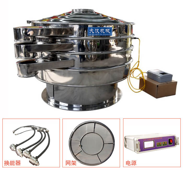  全不銹鋼超聲波振動篩內(nèi)部組成：換能器，網(wǎng)架，電源。