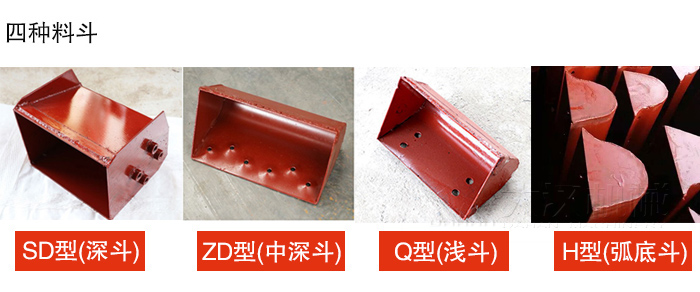 四種料斗Q型(淺斗)、H型(弧底斗)、ZD型(中深斗)SD型(深斗)展示圖