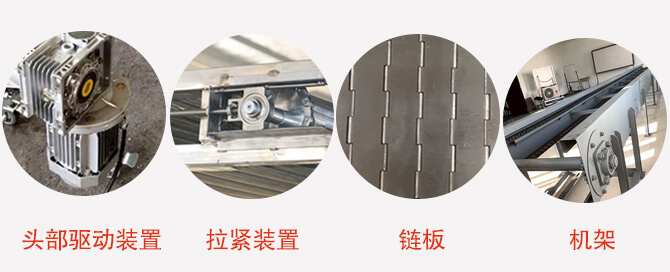 鏈板輸送機(jī)結(jié)構(gòu)：頭部驅(qū)動裝置，拉緊裝置，鏈板，機(jī)架等圖片展示