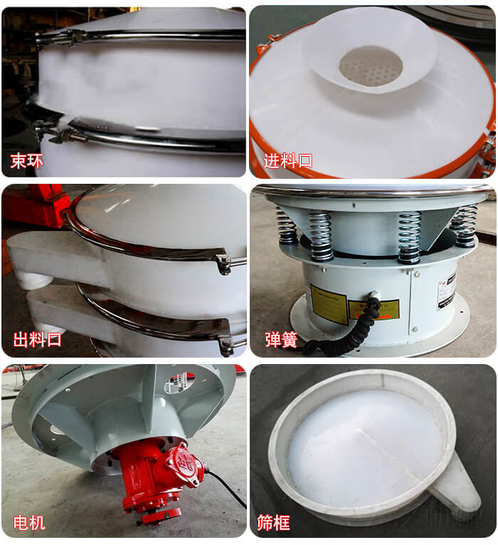 塑料防腐蝕振動(dòng)篩細(xì)節(jié):進(jìn)料口，框體，網(wǎng)架底框，出料口等。