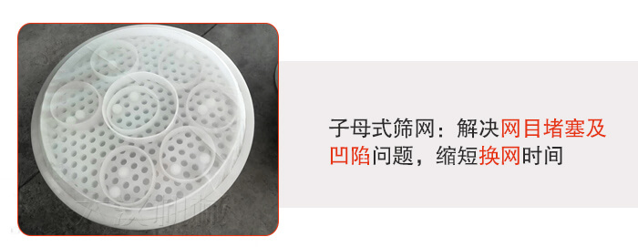 塑料防腐蝕振動(dòng)篩采用子母扣式網(wǎng)架可安裝彈跳球進(jìn)行清網(wǎng)，解決篩網(wǎng)堵塞問題。