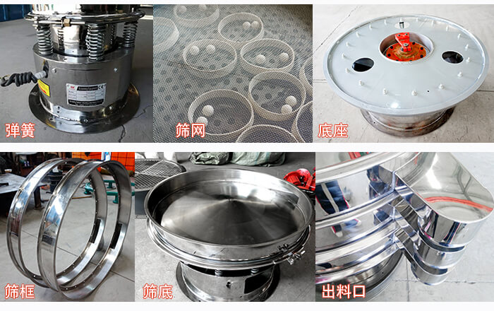 細(xì)節(jié)展示：篩框，篩網(wǎng)，振動底座，振動體，出料口。