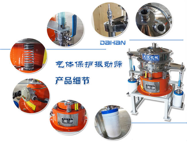 氣體保護(hù)振動(dòng)篩細(xì)節(jié)：振動(dòng)彈簧，手動(dòng)閥門，料罐等。