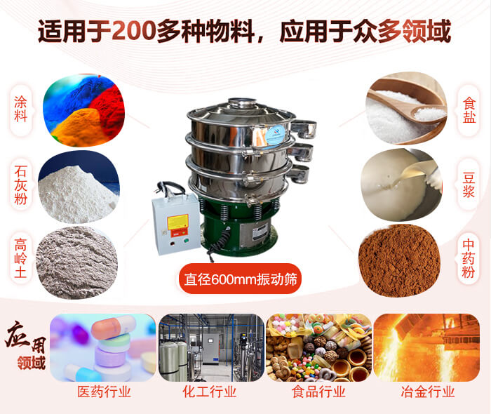 直徑600mm振動(dòng)篩使用的行業(yè):醫(yī)藥行業(yè)，公害處理，食品行業(yè)，化工行業(yè)。