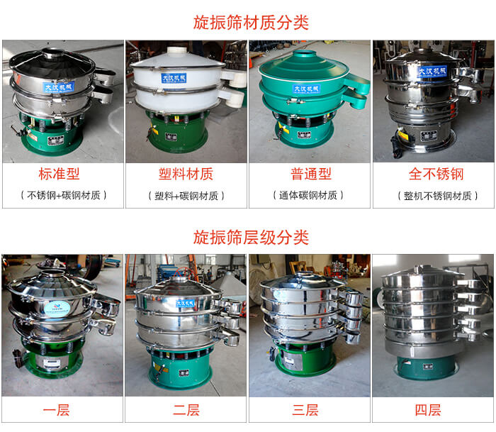 旋振篩材質分類：塑料，全不銹鋼等旋振篩層級分類：一層，兩層，三層，四層等。